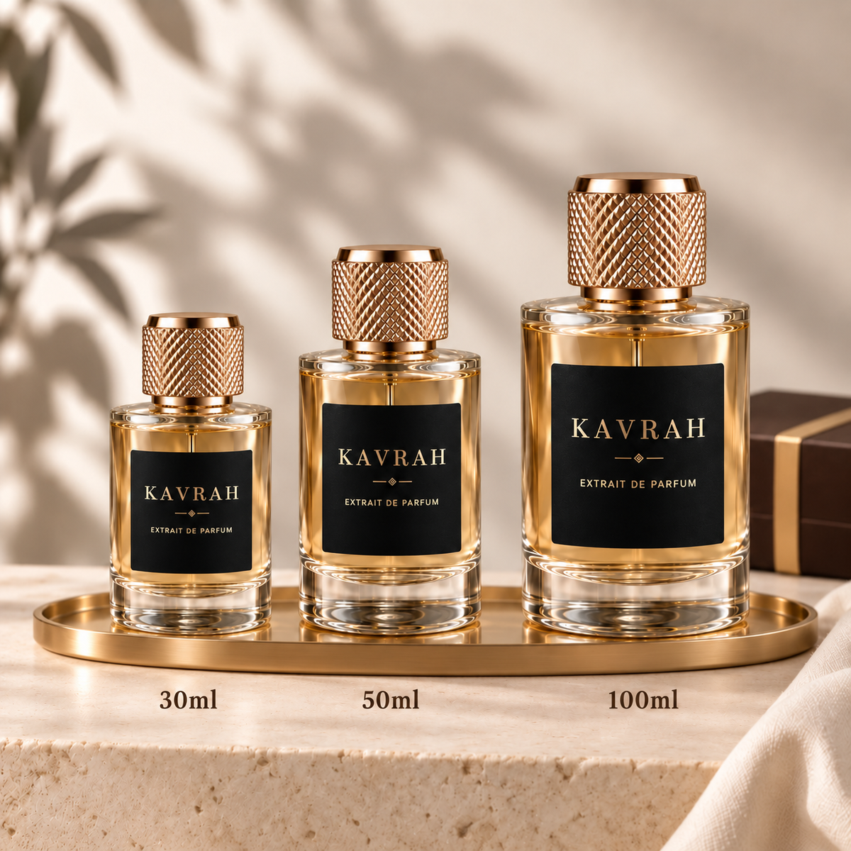KAVRAH size guide: 30ml, 50ml and 100ml bottles side by side